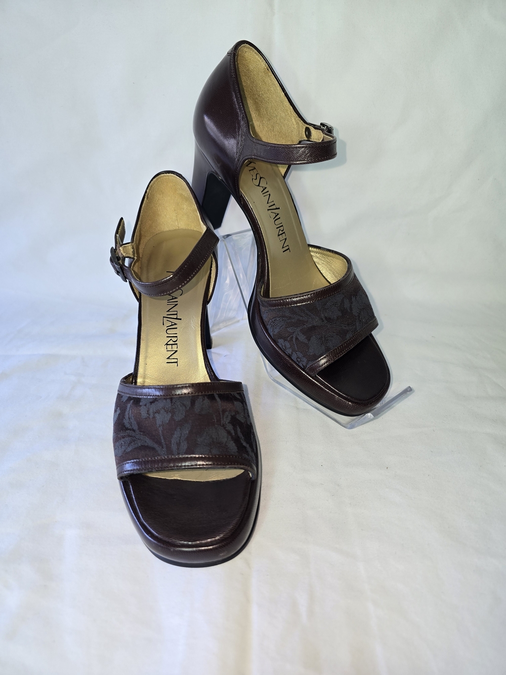 Saint Laurent Brown Leather & Jacquard Mary Jane Block Heels Size 35 - Picture 1 of 12
